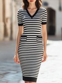 Striped V-Neck Ribbed Knit Midi Dress