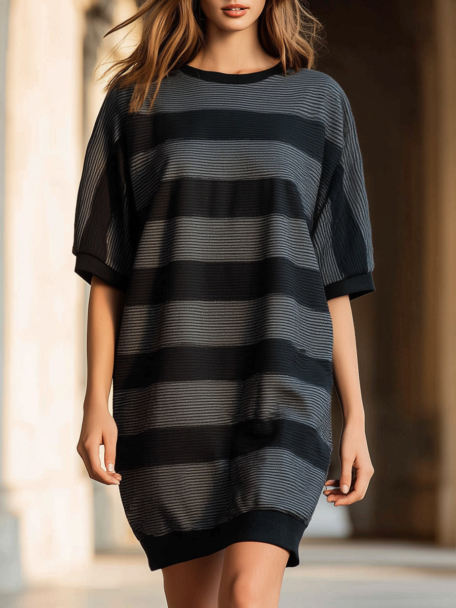 Striped Knit Short Sleeve Shift Dress
