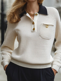 Contrast-Collar Knit Polo Sweater With Gold Accents