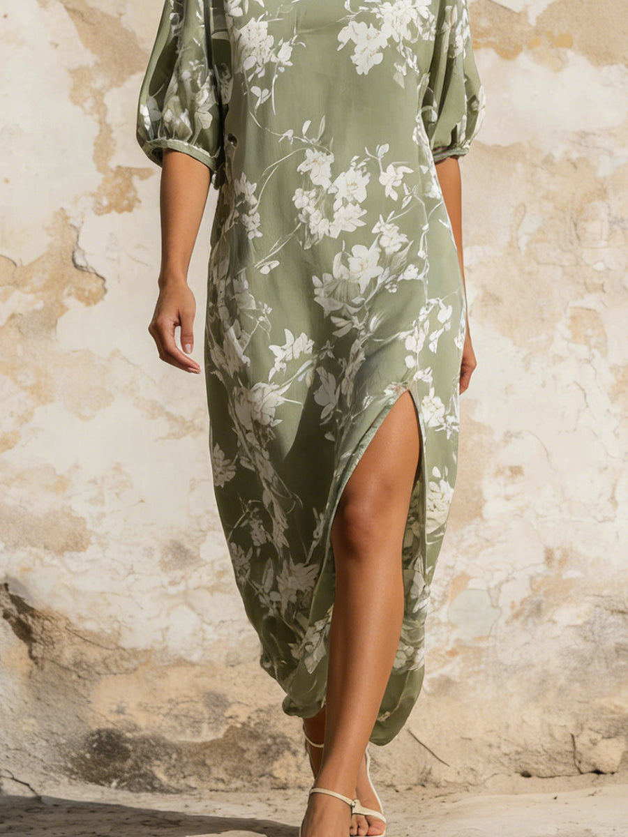 Elegant Sage Green Floral Slit Midi Dress