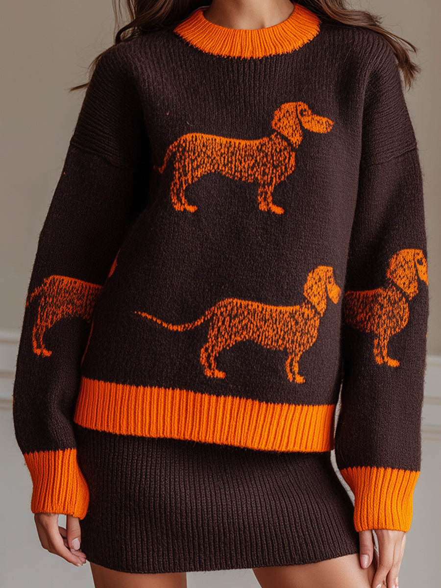 Chocolate Brown Knit Sweater And Skirt Set, Sweater Adorned With Playful Dachshund Pattern