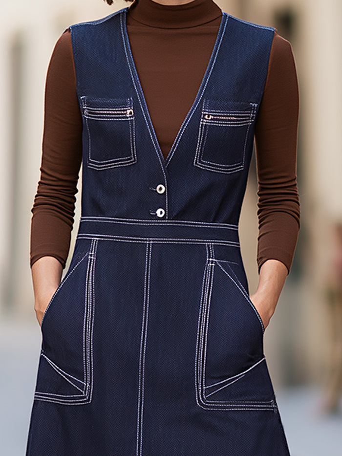 Denim Sleeveless V-Neck Maxi Dress With Contrast Stitching