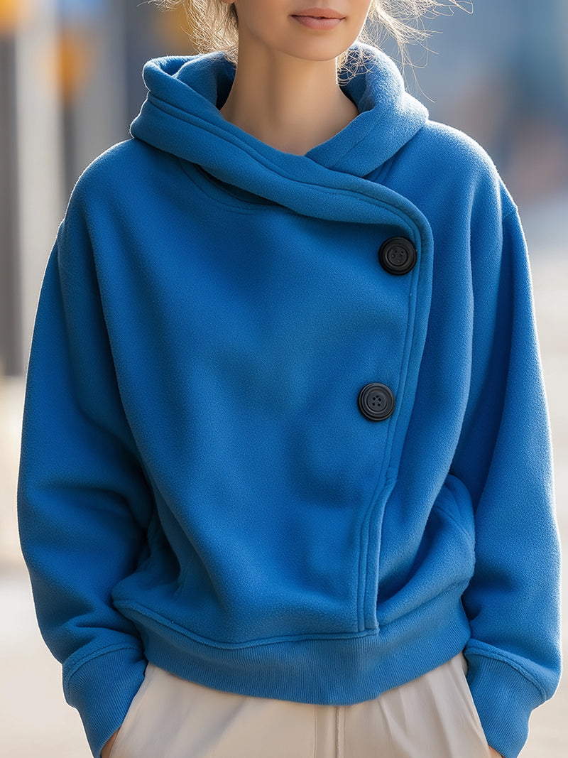 Cozy Blue Fleece Hoodie With Buttoned Detail