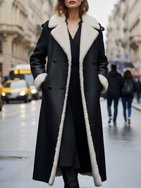 Black Faux-Leather Long Coat With Shearling Trim