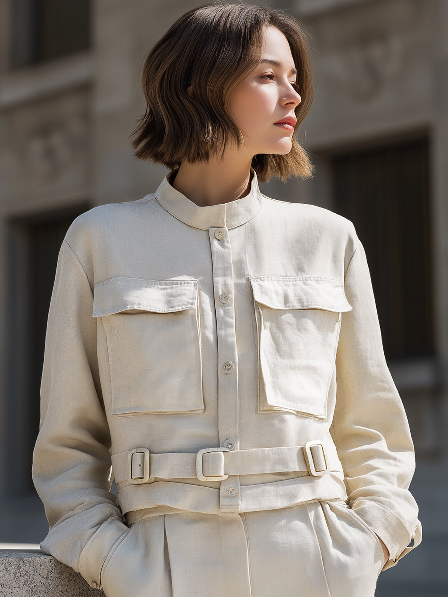 Ivory Belted Utility Shirt Jacket