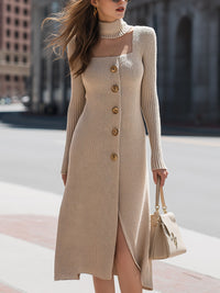Beige Ribbed Knit Button-Front Midi Dress With Turtleneck