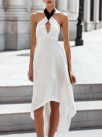 Contrast Halter Neck High-Low Midi Dress