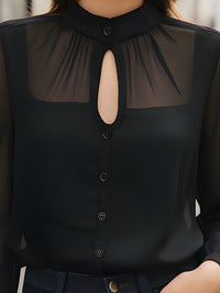Midnight Keyhole Sheer-Yoke Button Blouse