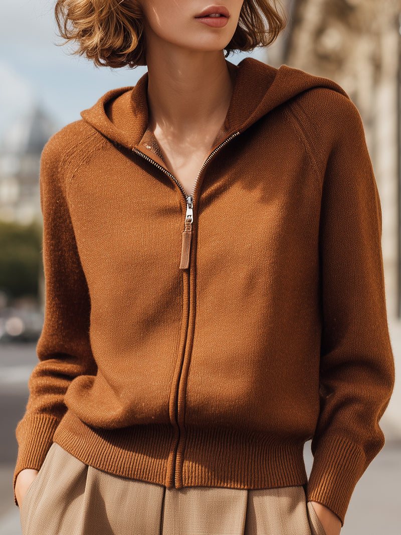 Camel Knit Zip-Up Hoodie