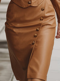 Caramel Faux Leather Blazer And Skirt Set