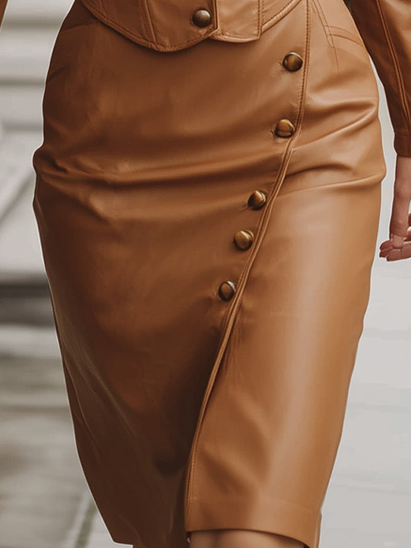 Caramel Faux Leather Blazer And Skirt Set