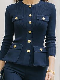 Gold-Button Knit Jacket & Flared Pants Set