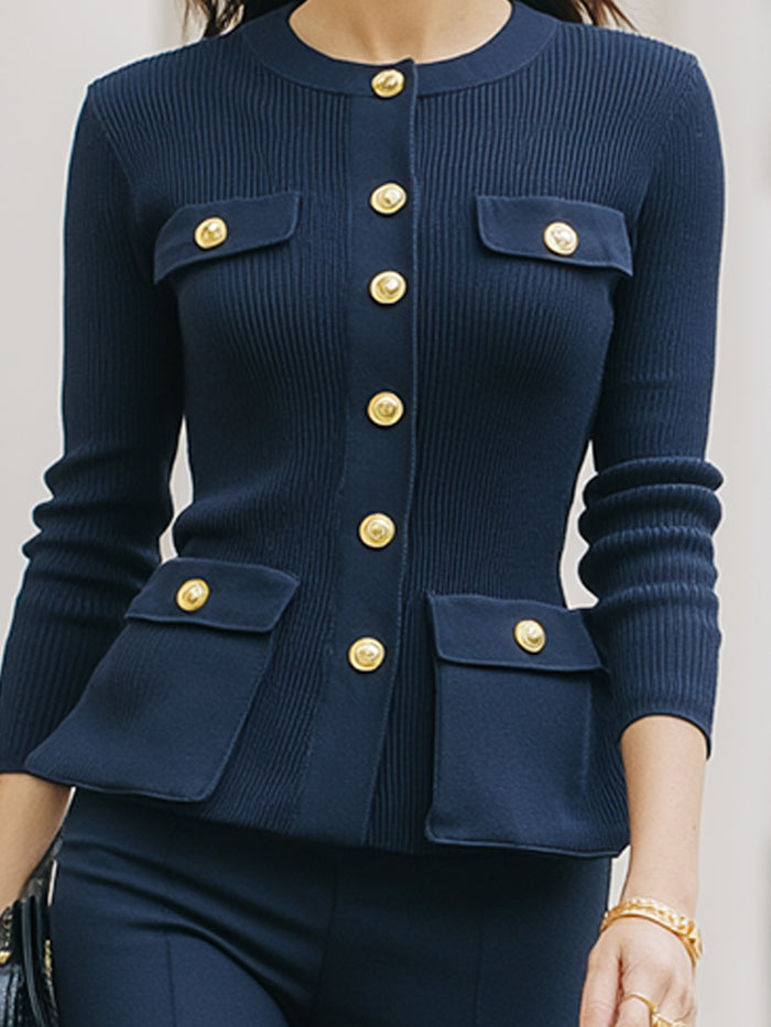 Gold-Button Knit Jacket & Flared Pants Set