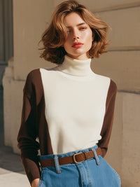 Two-Tone Ribbed Turtleneck Sweater