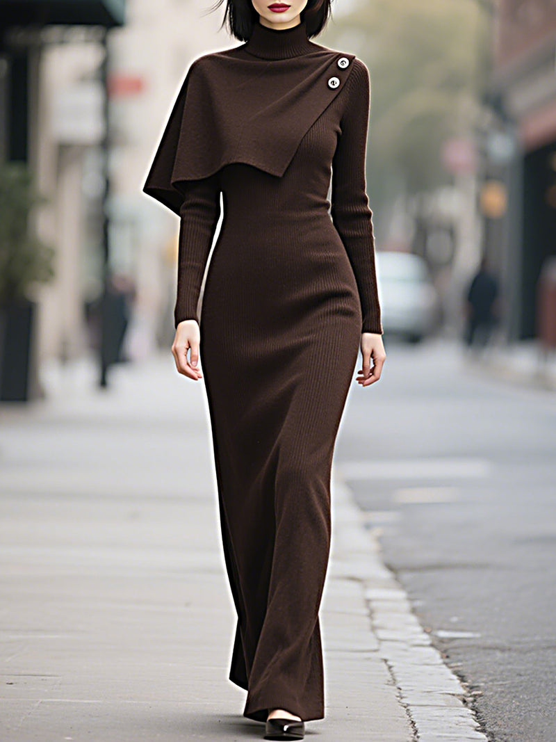 Chocolate Brown Ribbed Knit Maxi Dress With Asymmetrical Cape Detail