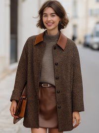 Vintage Houndstooth Coat With Faux Leather Collar