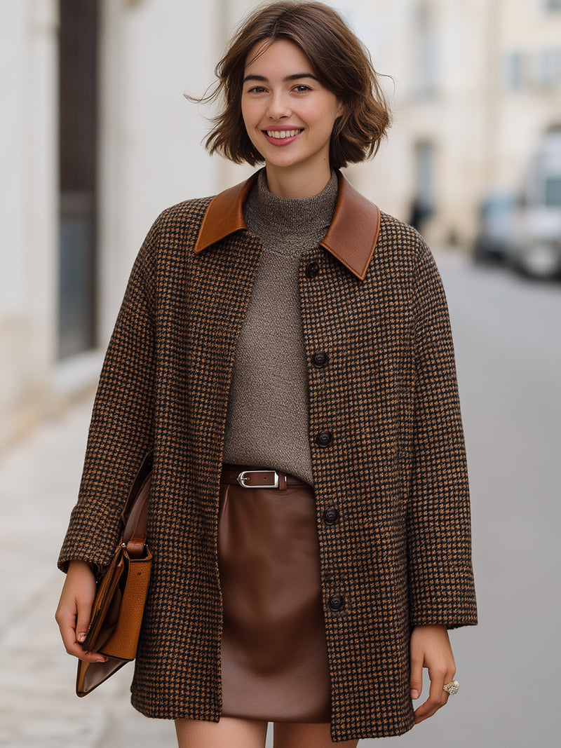 Vintage Houndstooth Coat With Faux Leather Collar