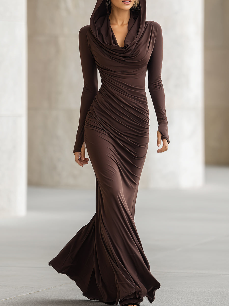 Pleated Hooded Maxi Dress