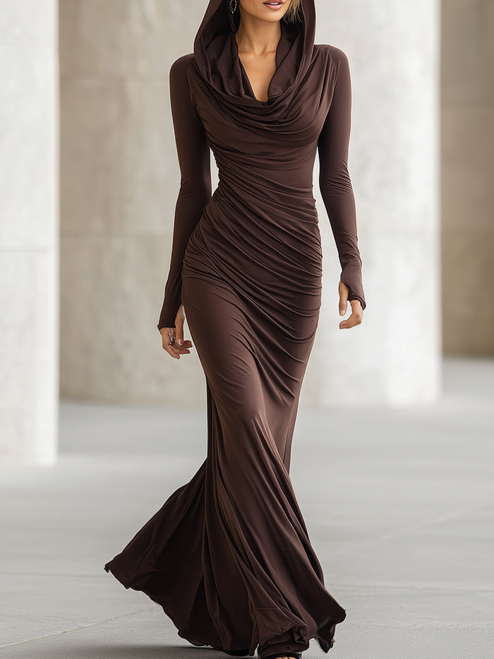 Pleated Hooded Maxi Dress