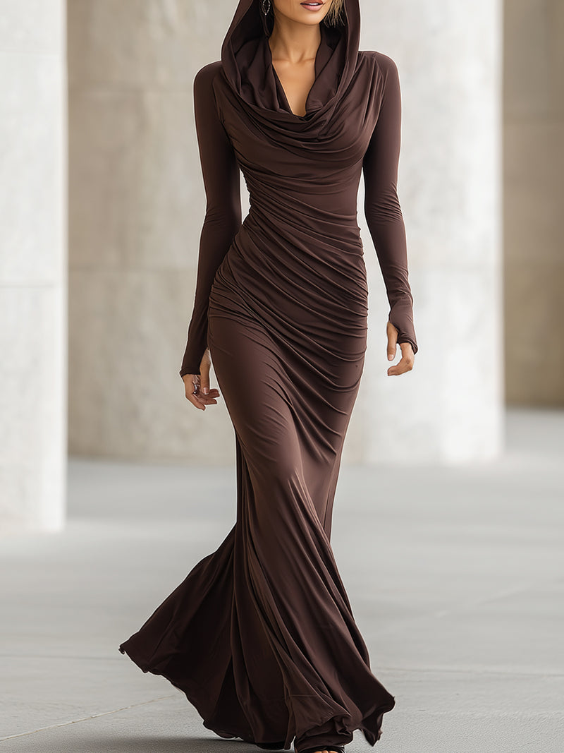 Pleated Hooded Maxi Dress