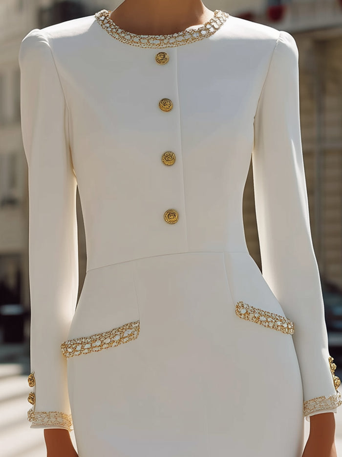 Long-Sleeve Midi Dress With Gold Embellished Trim