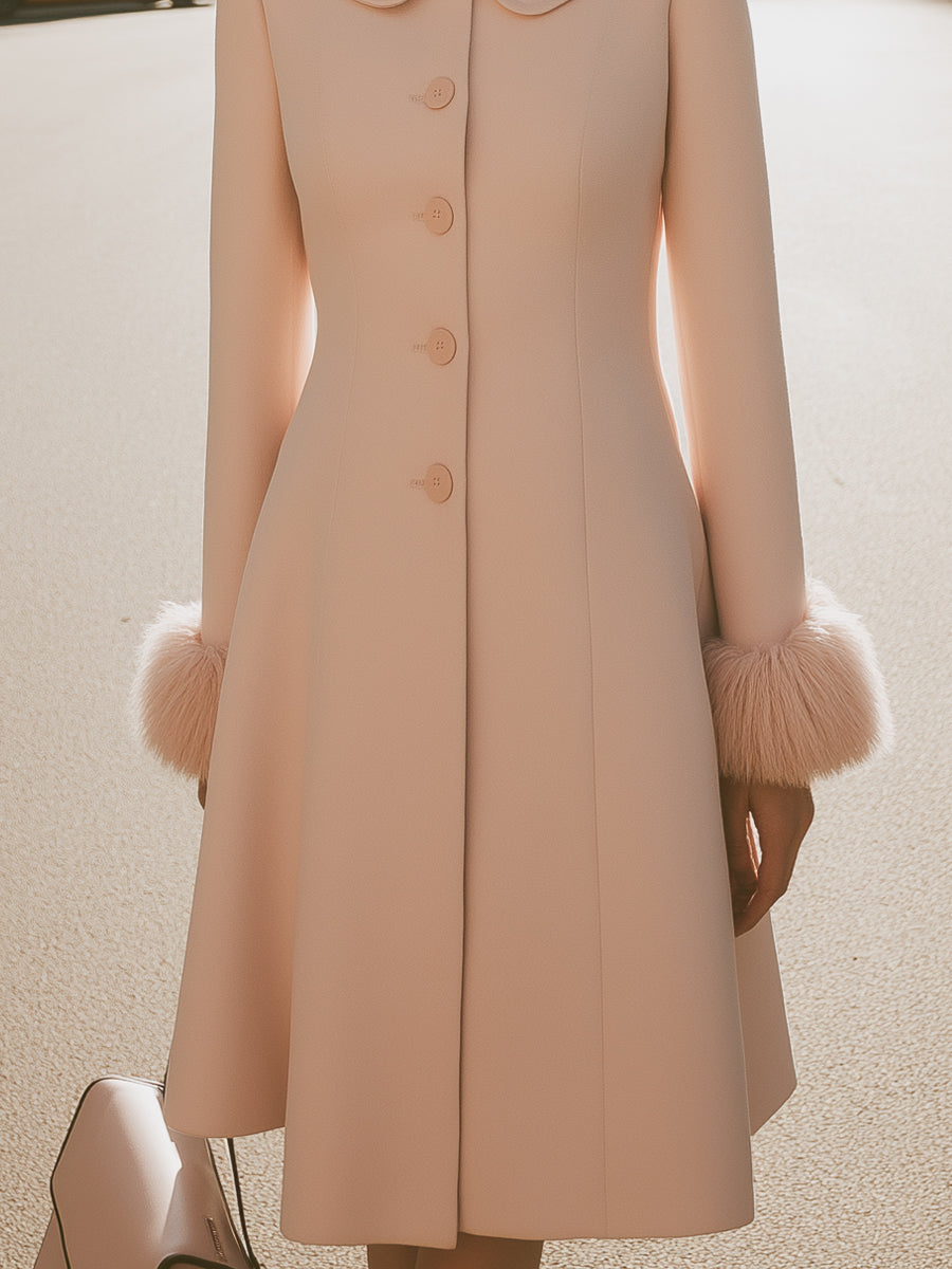 Blush Pink Coat Dress With Peter Pan Collar And Fur Cuffs