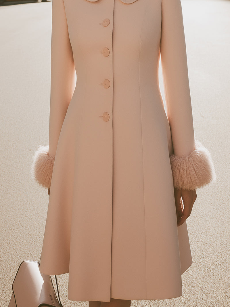 Blush Pink Coat Dress With Peter Pan Collar And Fur Cuffs