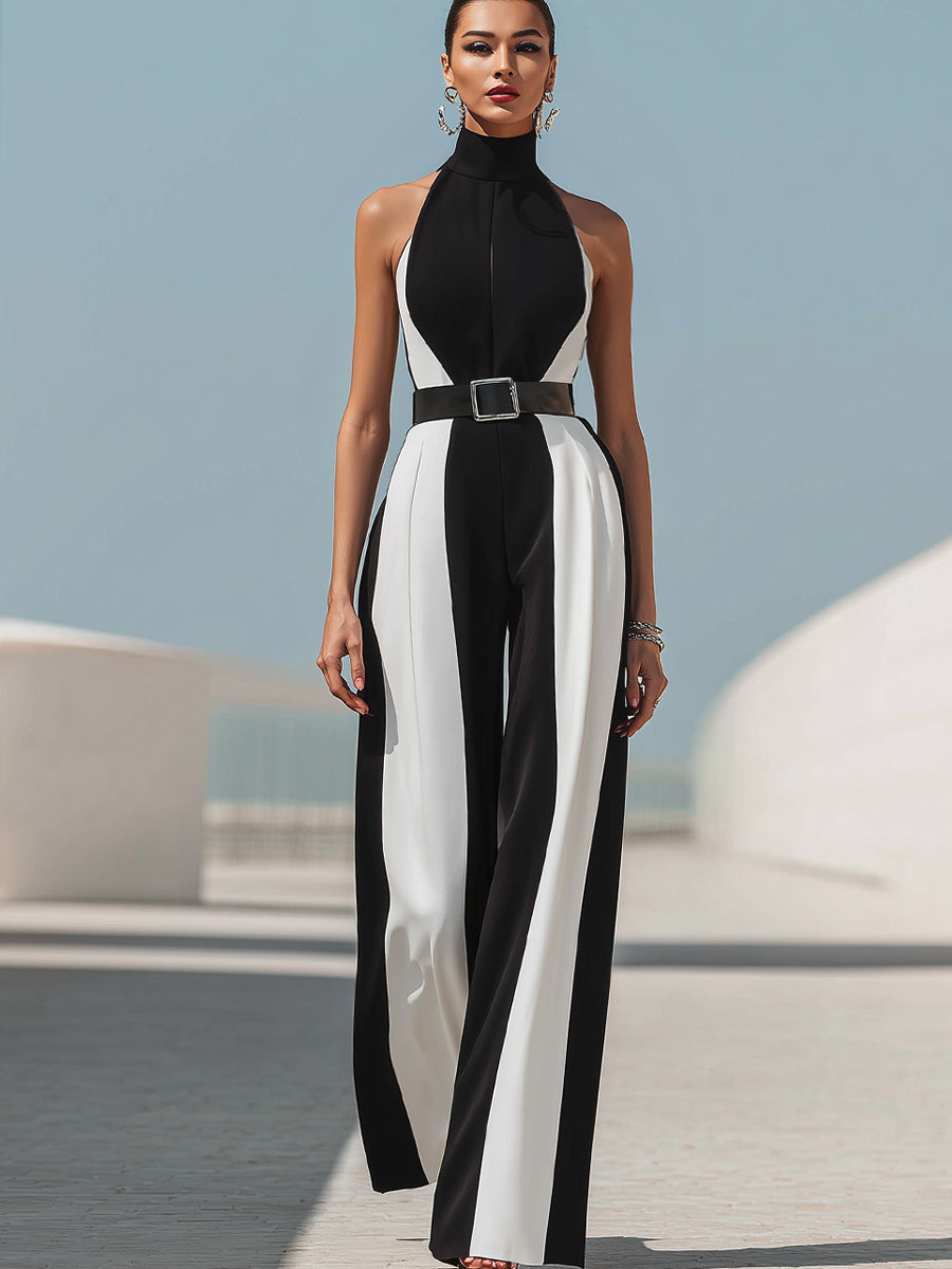 Monochrome Halter-Neck Belted Wide-Leg Jumpsuit