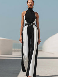 Monochrome Halter-Neck Belted Wide-Leg Jumpsuit
