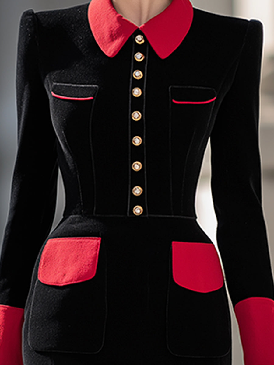 Contrast Collar Button-Up Pencil Dress In Black & Crimson Red