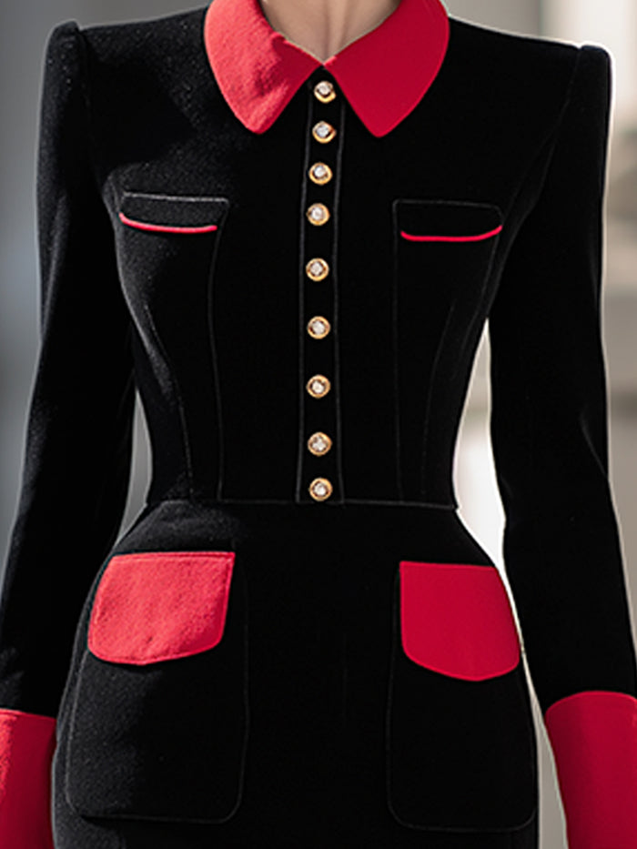 Contrast Collar Button-Up Pencil Dress In Black & Crimson Red
