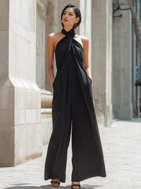 Twisted Halter Neck Wide-Leg Draped Jumpsuit