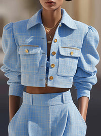 Powder Blue Cropped Tweed Jacket And Wide-Leg Pants Set
