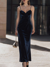 Midnight Blue Velvet Pleated Halter Floor-length Dress