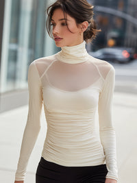 Ivory Mesh-Yoke Ruched Turtleneck Top