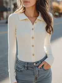 Cream Ribbed Knit Button-Up Top