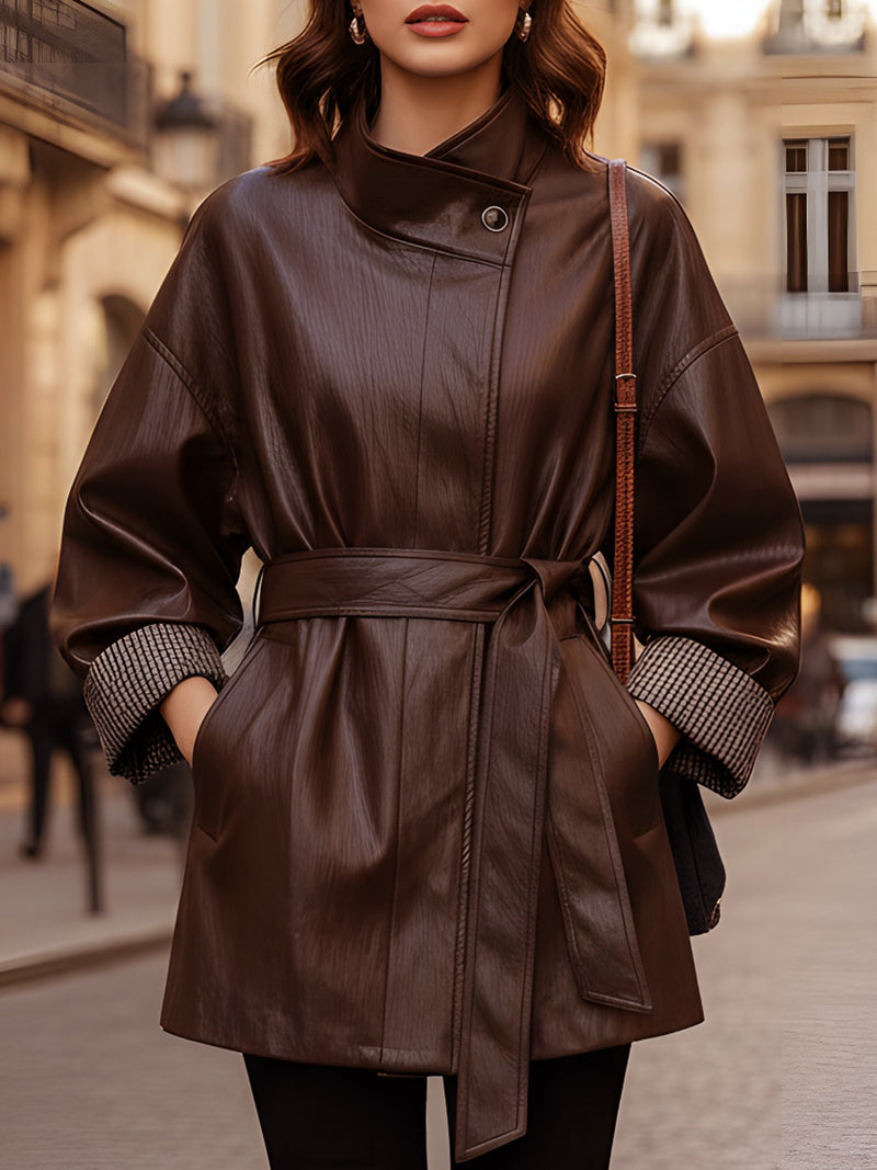 Chocolate Faux Leather Belted Coat With Stand Collar