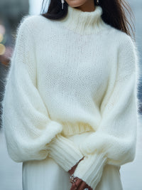Ivory Fluffy Knit Turtleneck Sweater