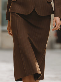 Brown Pinstripe Belted Blazer And Skirt Set