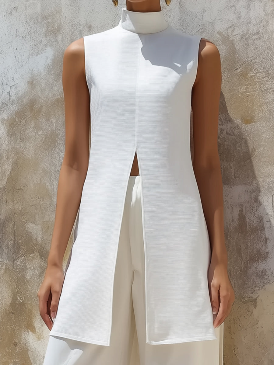 Sleeveless High-Neck Longline Top & Wide-Leg Pants Set