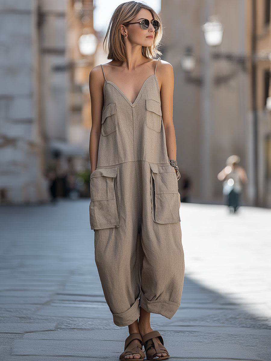 V-Neck Cargo Pocket Relaxed Jumpsuit