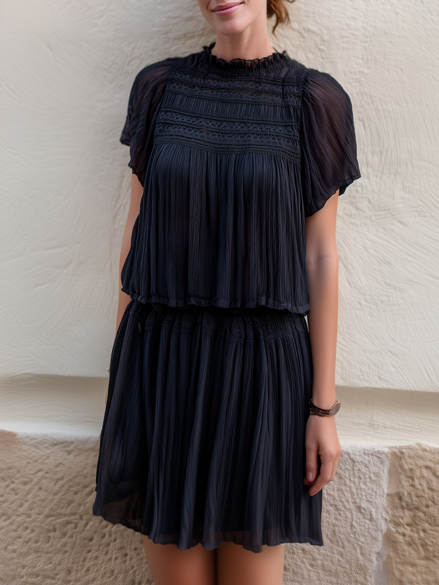 Pleated Lace-Detail Blouse & Tiered Skirt Two-Piece Set