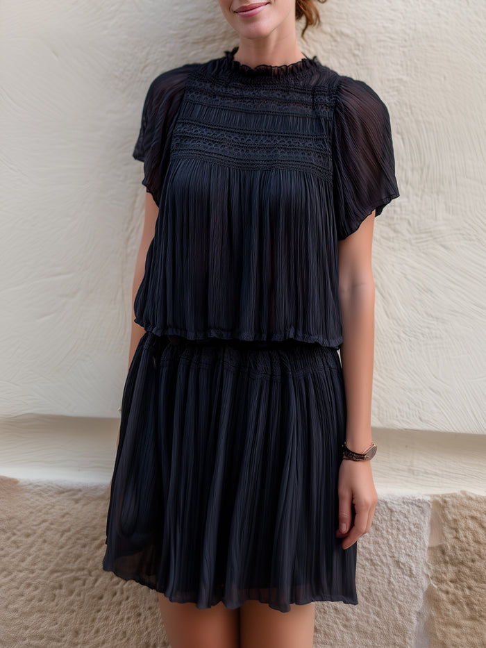 Pleated Lace-Detail Blouse & Tiered Skirt Two-Piece Set