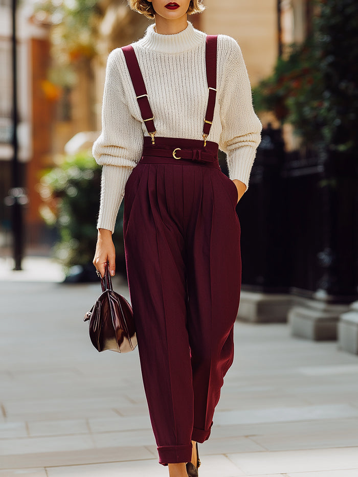 Burgundy High-Waist Suspender Trousers With White Knit Sweater