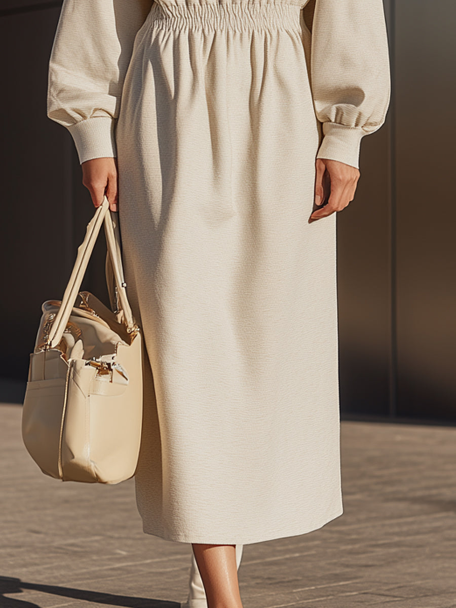 Cream Woven Long-Sleeve Midi Dress With Elasticated Waist