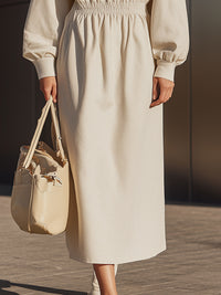 Cream Woven Long-Sleeve Midi Dress With Elasticated Waist