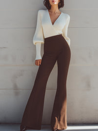 Ivory V-Neck Ribbed Top With Brown Flared Pants Set