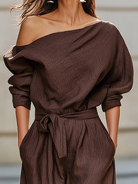 Asymmetrical Off-Shoulder Tie-Waist Linen Jumpsuit