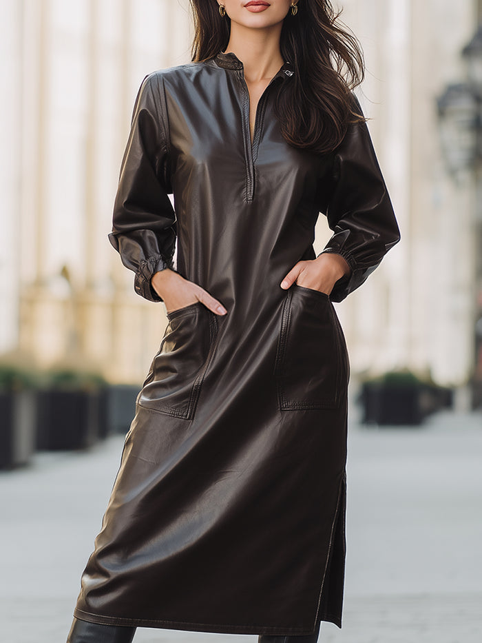 Espresso Faux Leather Utility Midi Dress