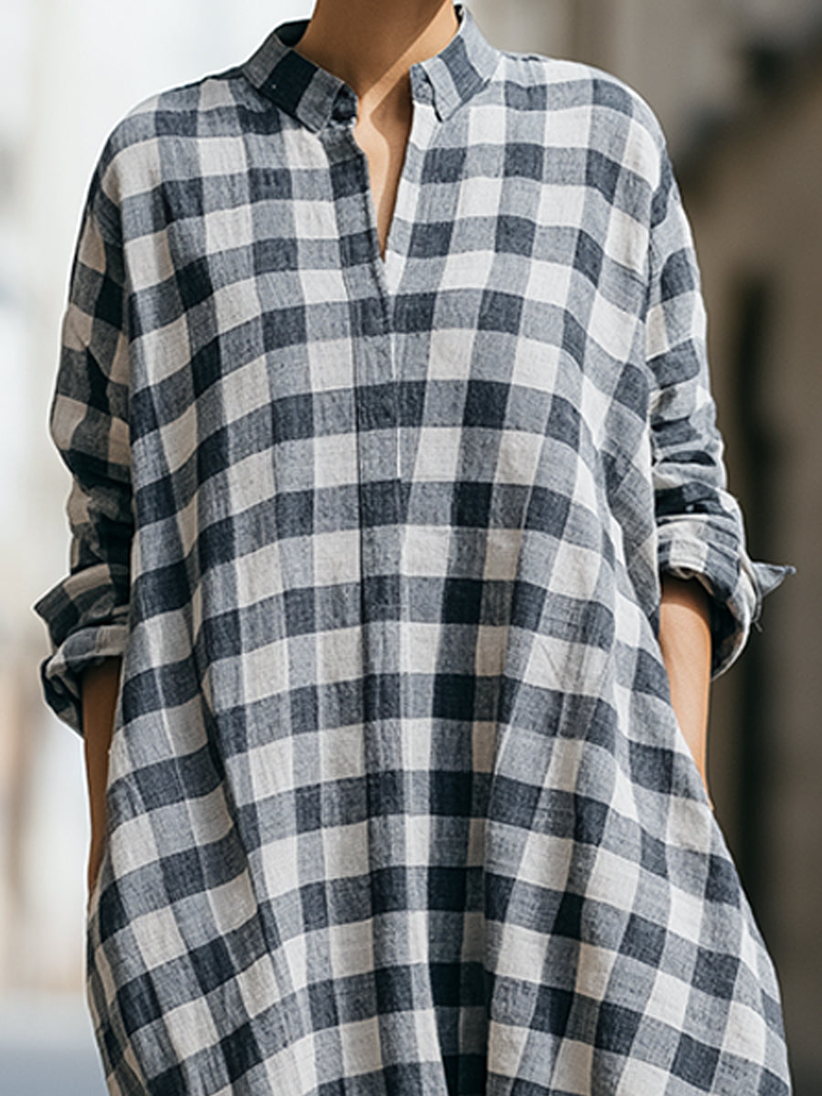 Relaxed Checkered Midi Shirt Dress
